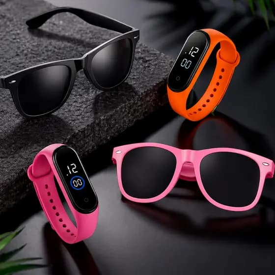 Conjunto Relógio LED Criança e Óculos de Sol Infantil Feminino Menina