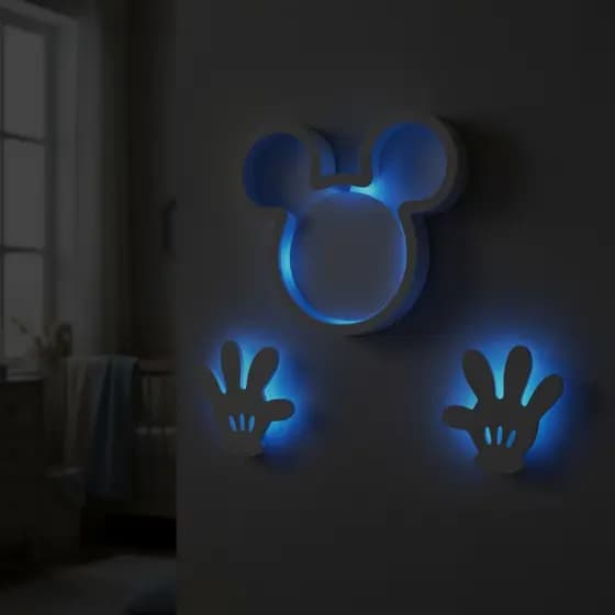 Luminária Mickey Mouse Cabeça e Mãos Com Led Azul Sem Fio Deocrativo