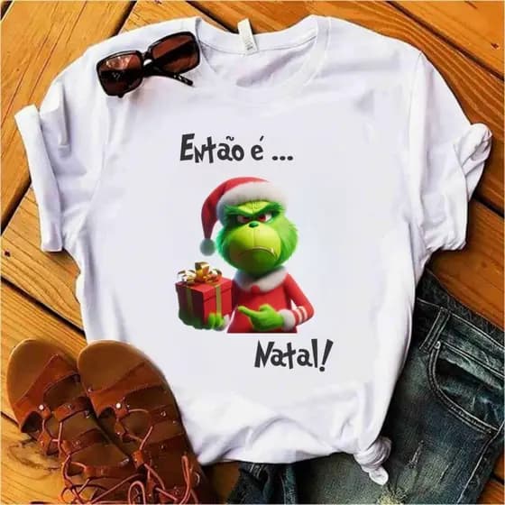 Camiseta BabyLook branca personalizada estampa Grinch - Então é Natal
