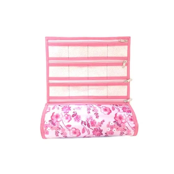 organizador de bijus porta brincos de enrolar plastificado 25 bolsos fechos zíper porta pulseiras anéis correntinhas
