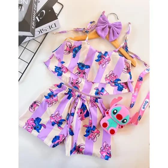 Conjunto Infantil Verão Menina Temático Stitch Modinha Fresquinho Confortável