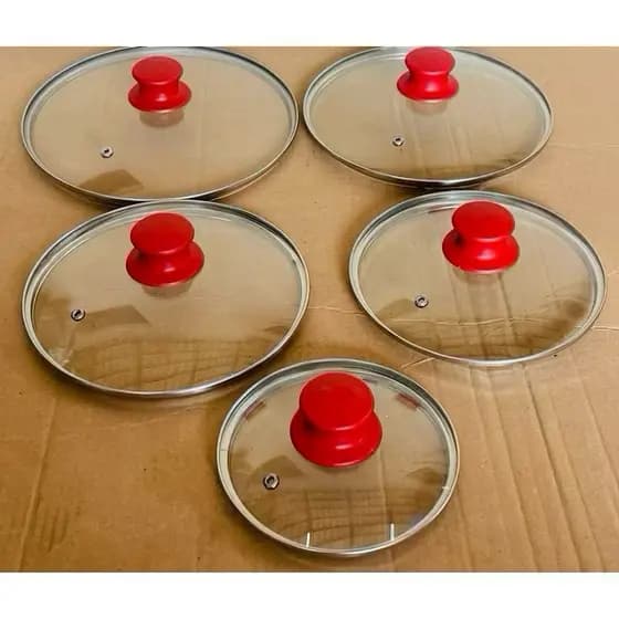 Jogo 5 Tampas de Vidro Pegador Vermelho para Panelas Caçarolas Frigideiras