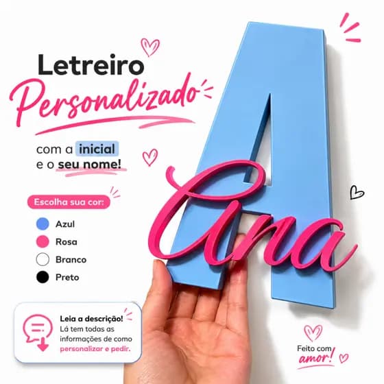 Letreiro Personalizado com Inicial e Nome 3D | Decoração de Quarto, Parede e Escritório