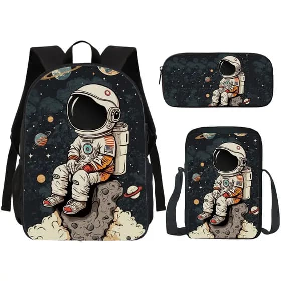 Kit Mochila com Estojo Escolar E Lancheira Astronauta IV Lua Espaço Planeta Volta às Aulas