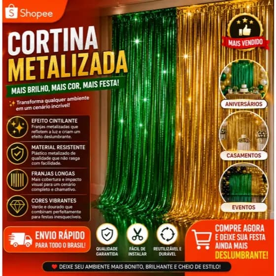 Cortina metalizada verde e amarela Copa do Mundo