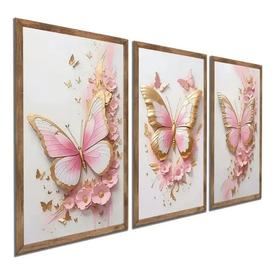 Kit 3 Peças Quadros Decorativos 20x30 MDF Borboleta Encantada Rosa Decoração Infantil