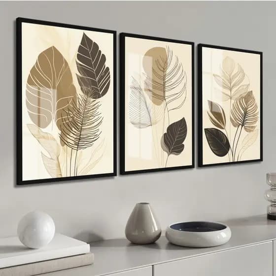 Kit Quadros Decorativo 3 peças 60x40 Mosaico MDF Trio Folhagem Folhas Abstrato Dourado Moderno Hall