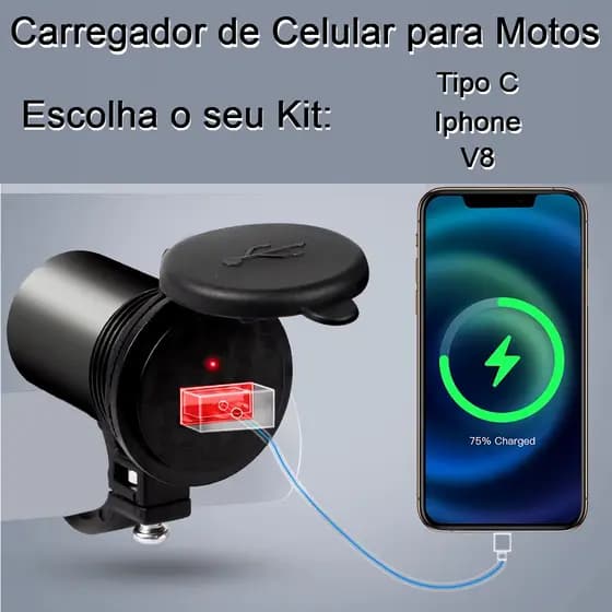 Carregador de Celular e GPS À Prova D'água p Guidão Universal de Motos com Cabo Turbo a sua escolha