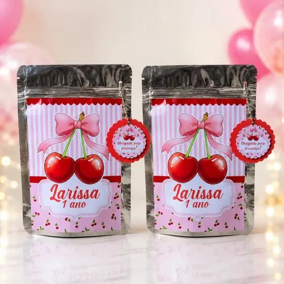 Saquinho Metalizado Cereja Personalizado Zip Lock com tag / Lembrancinha Festa Aniversário