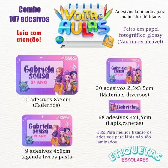 Kit 107 Etiquetas escolar personalizadas Guerreiras do K-Pop - Volta as aulas