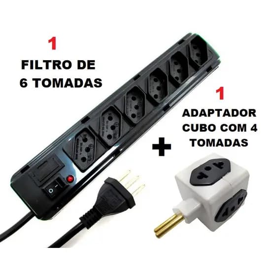 Régua Filtro de linha C/ Fúsivel 3/6 entradas + 1 adaptador de Cubo (cor vai aleatoria) anticurto