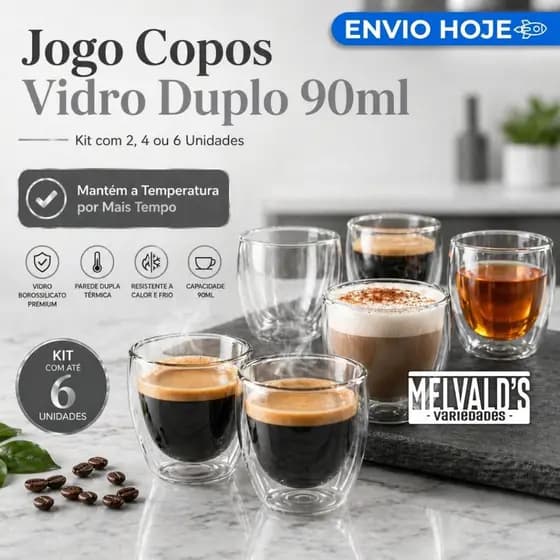 Jogo de Copos de Borossilicato Parede Dupla 90ml Kit 2 4 6 Unidades Café Expresso Chá Cappuccino