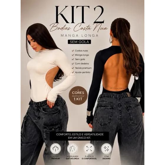 kit 2 body costa nua com dedeira feminino manga longa gola careca moda gringa outono inverno 2026