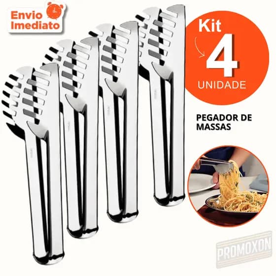 Utensílio Pegador de Massa Inox Com Serrilha 20cm Prático para Cozinha Kit 4, 3 ou 2 unid