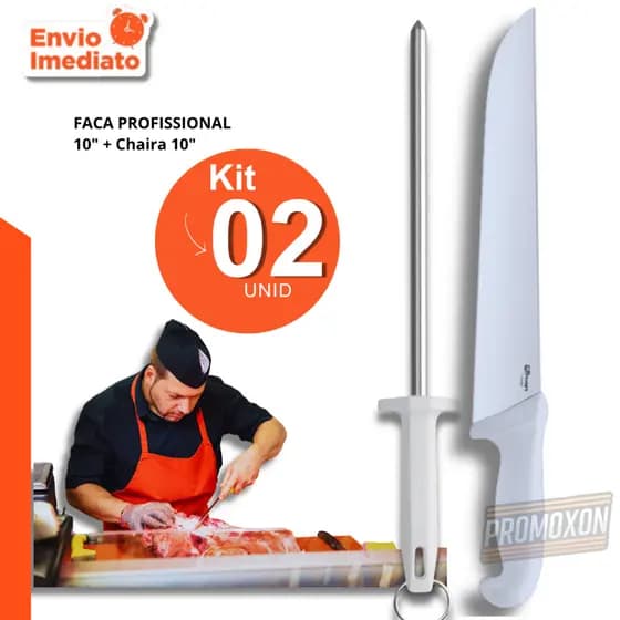 Faca e Chaira 10 Polegadas Profissional Açougue Churrascaria Restaurante Churrasco Cozinha Qualidade