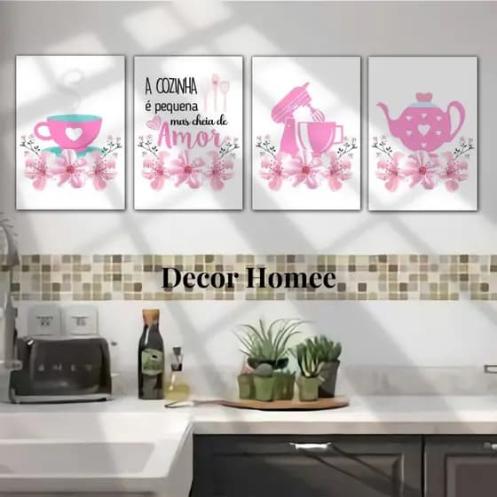 Kit 4 Quadros Cozinha Rosa florido, Decoração de cozinha casa rosa 20x28 MDF