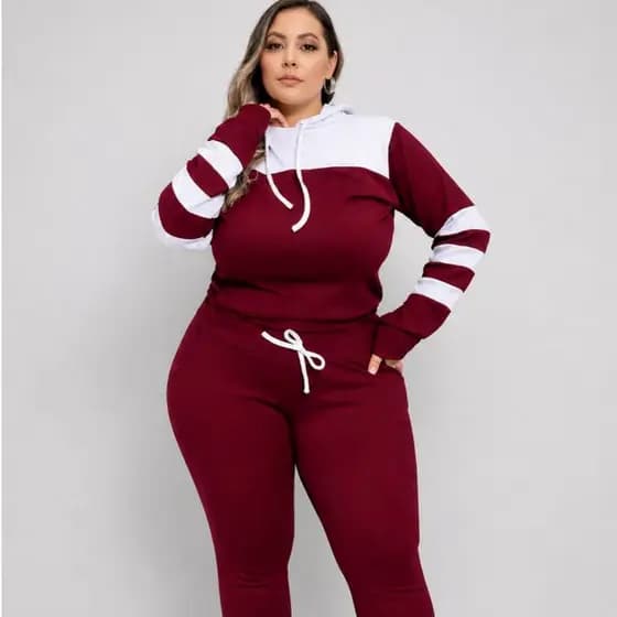 Conjunto Feminino Manga Longa Plus Size Grande Tipo Moletom Capuz Malha Crepe Moda Atual