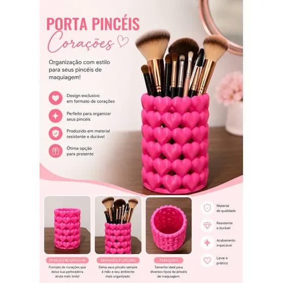 Organizador Porta Pincéis Rosa Decoração Corações