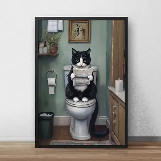 Quadro Decorativo gato preto e branco sentado na privada dentro do banheiro