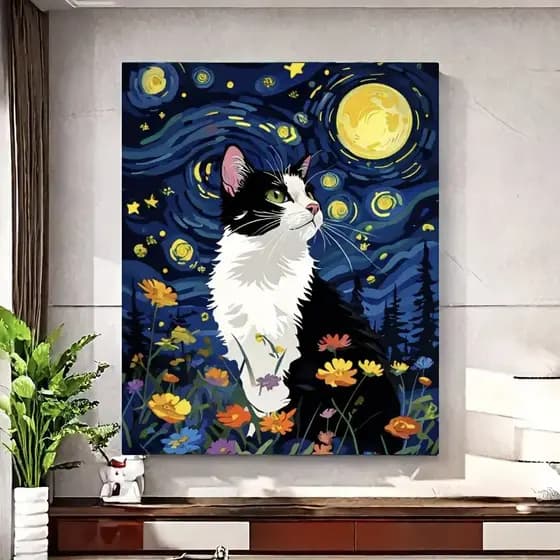 Quadro Decorativo - Gato Noite Estrelada-