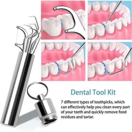 7 Peças Portáteis Palito de Aço Inoxidável, Limpeza Dental Oral, Fio Dental