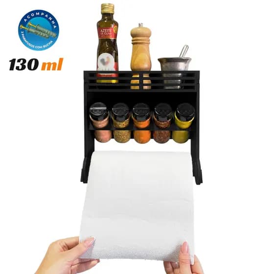 Porta Condimentos Tempero de Madeira Resistente + 5 Potes 130ml Tampa Dupla e Suporte Papel Toalha