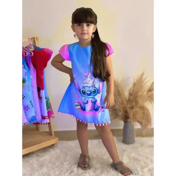 vestido infantil Stitch brilha sob luz neon com manga , blogueirinha