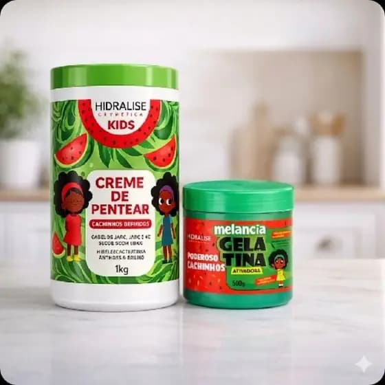 🍉 Cuidado Diário Cachinhos Kids | Kit Hidralise Melancia | Creme + Gelatina