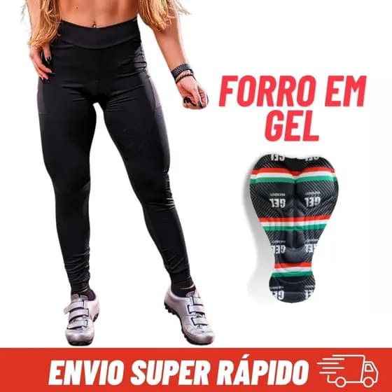 Calça Ciclismo Forro em Gel Feminina Térmica Alta Densidade Preta Bike Pedal Mtb