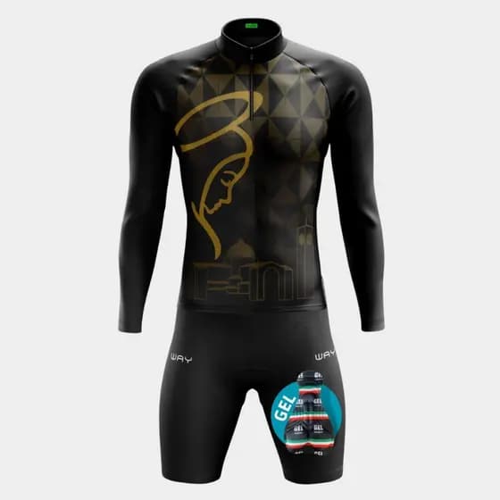 Kit Conjunto de Ciclismo Masculino Camisa Nossa Senhora Manga Longa e Bermuda de Gel