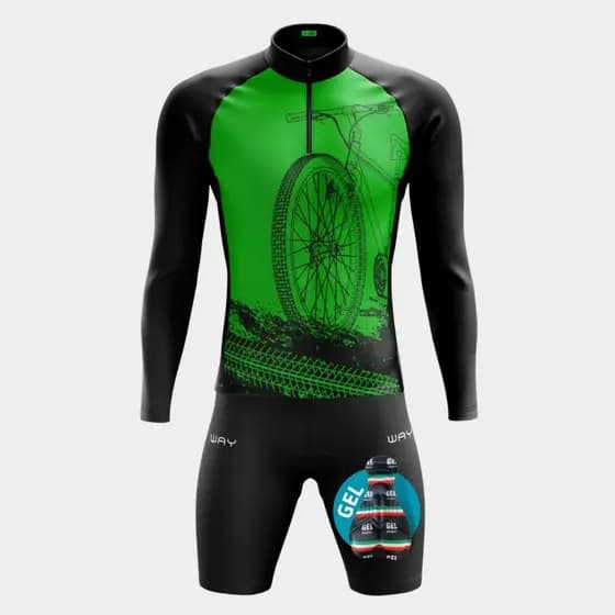 Conjunto Ciclismo Masculino Camisa Manga Longa Bike Verde e Bermuda Forro Gel Uv50 Mtb