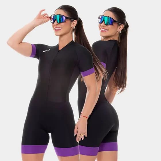 Macaquinho Ciclismo Feminino Forro Gel Macacão Preto Roxo Way Fresh Roupa Bike Pedal Mtb