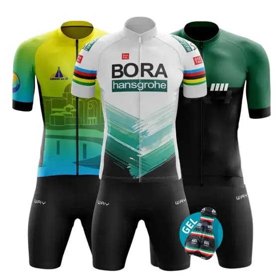 Kit Conjunto Ciclismo Masculino Camisa Zíper Total Bermuda Forro Gel Uv Roupa Ciclista Mtb