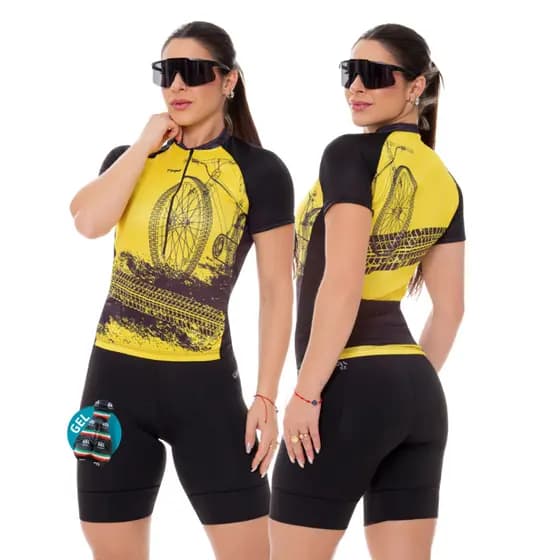 Conjunto de Ciclismo Feminino Camisa Bike Roda Amarela e Bermuda Com Forro em Gel