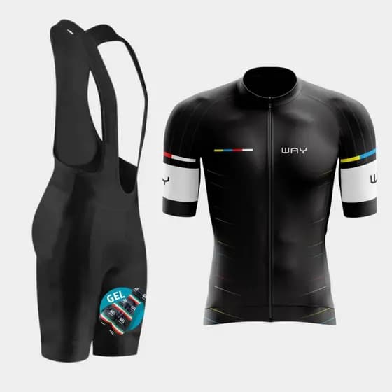 Roupa de Ciclismo Masculina Camisa Preta Ziper Total e Bretele Acolchoado Way Bike