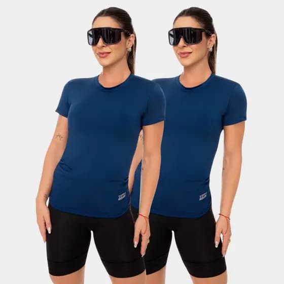 Kit 2 Camisa Camiseta Dry Fit Feminina Manga Curta Academia Treino Esportiva Corrida Proteção Uv Azul Marinho