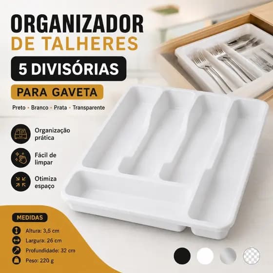 Porta Talheres Para Gaveta Organizador Com 5 Divisórias Branco