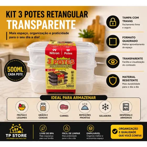 Kit Pote Retangular Raso 500 Ml Com 3 Unidades Para Alimento