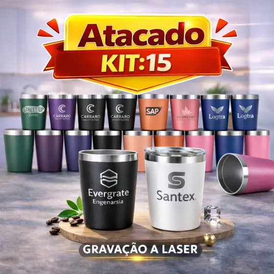 Kit 15 Copos Térmicos Inox 260ml Personalizados a Laser com Tampa Acrílica