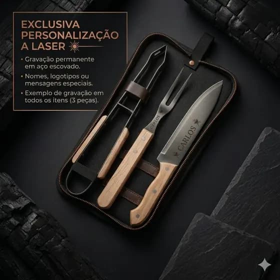 Brinde Corporativo Premium: Kit Churrasco Personalizado Laser 3 Peças + Estojo