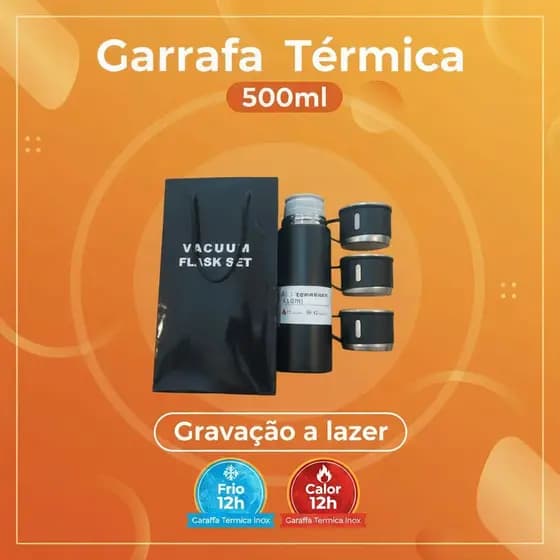 Promo: Garrafa Térmica 500ml Inox + Xícaras Gravação Laser Personalizada