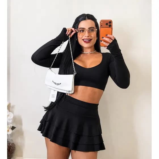 Conjunto Feminino Cropped Manga Longa e Saia Short Moda Gringa Blogueira Babado plissada Rodada
