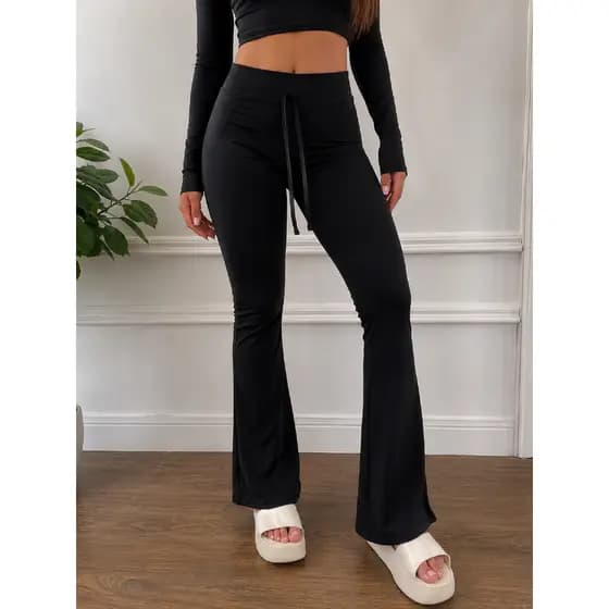 Calça Flare feminina Gringa com cordinha Pantalona Elastano Cintura alta Britney Suplex Premium