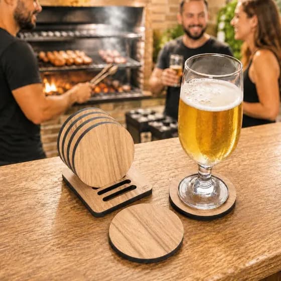Bolacha Porta Copo Madeira Kit com 6 Peças Mais a Base, Porta Copo de Mesa, Descanso de Copo