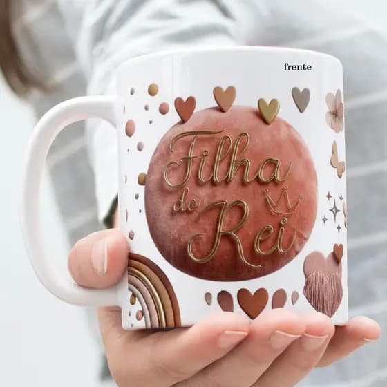 Caneca Cristã Filha do Rei em Arte 3D – Porcelana 325ml Personalizada