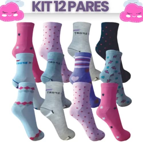 Kit 12 Meias Adulto Feminino Cano Médio Meia Feminina Sortidas Coloridas Tamanho Único