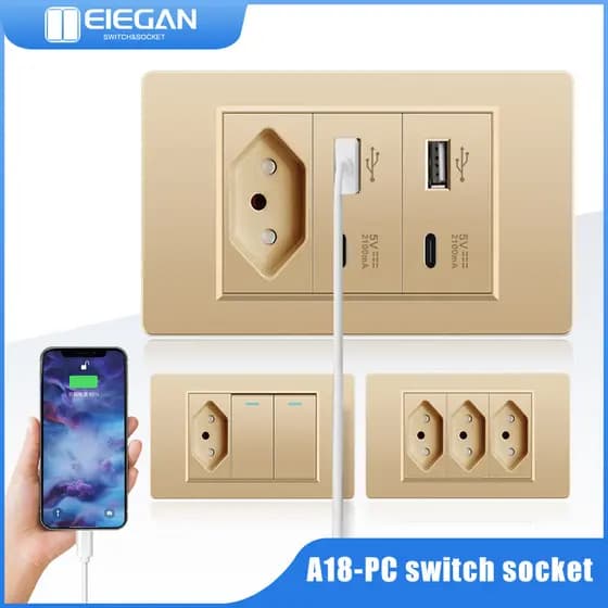 ELEGAN 10A/20A PC Tomada Padrão De Vidro Dual USB TYPE-C De Parede Interruptor De Luz A18 Dourado