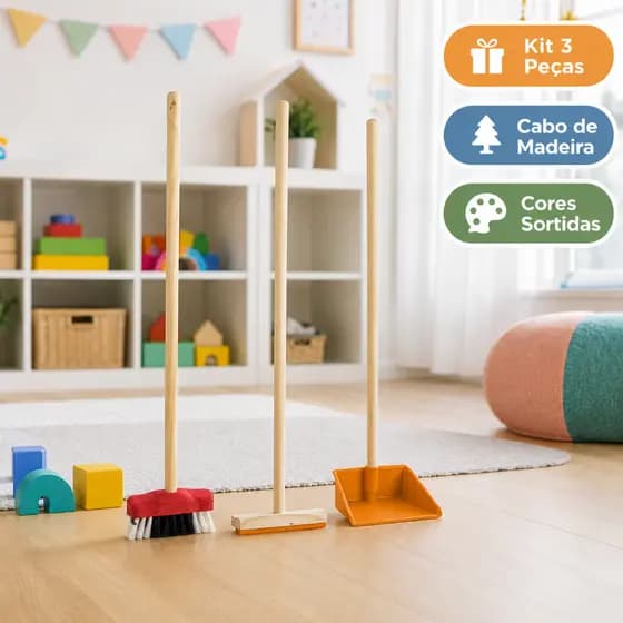 Kit Limpeza Infantil Pá Vassoura Rodo Madeira Brinquedo Faz De Conta