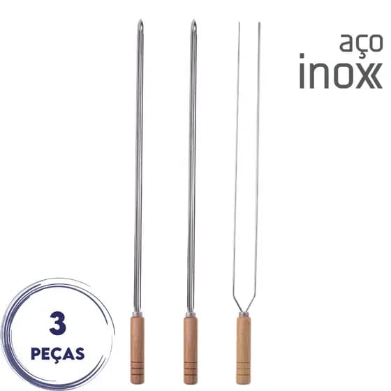Kit 3 Espetos para Churrasco 85cm Aço Inox Madefer