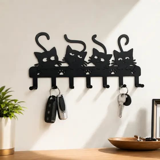 Porta Chaves de Parede Gatinhos | Organizador Decorativo com 7 Ganchos para Casa